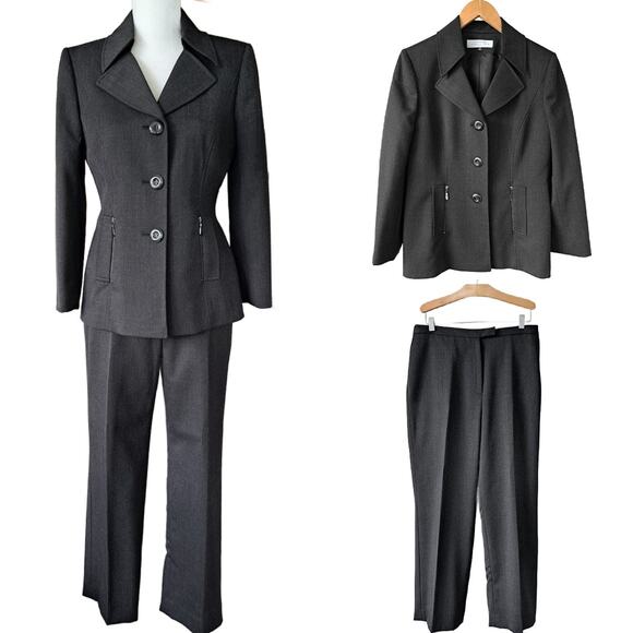 TAHARI 2-Piece Pant Suit Size Charcoal Gray 10 Petite Wool Blend - Picture 1 of 11